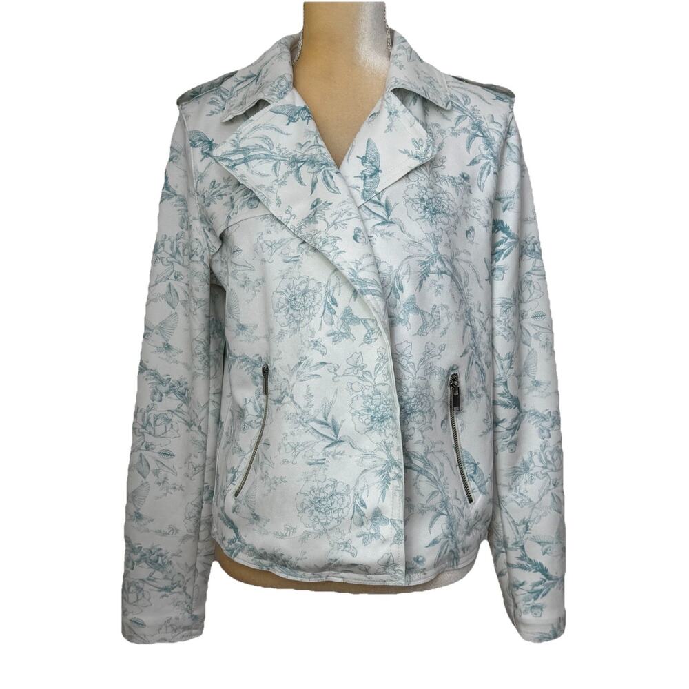 NWT Philosophy Floral Open Front Faux Leather Moto Jacket Size L Ivory Blue